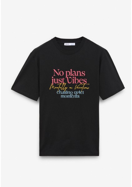 FRESH Erkek %100 Pamuk Oversize Fit Baskılı Kısa Kollu Yuvarlak Yakalı Siyah T-Shirt
