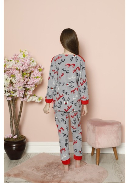 Kız Çocuk 2058 Geyik Desenli Polar Pijama Takım Kırmızı