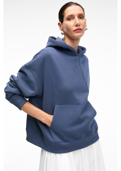 ELYRA Kadın Oversize Dikiş Detaylı Kapüşonlu Lacivert Sweatshirt