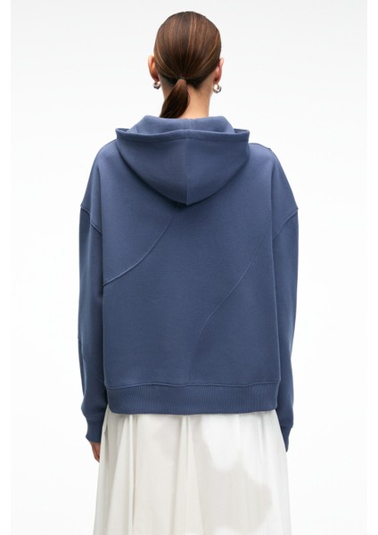 ELYRA Kadın Oversize Dikiş Detaylı Kapüşonlu Lacivert Sweatshirt
