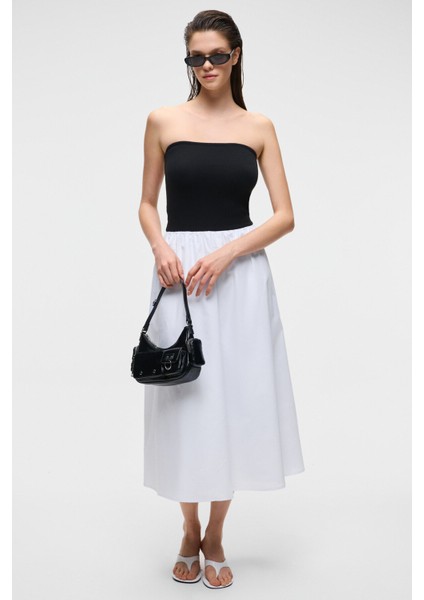 ALIANSA Kadın Poplin Dokuma Kolsuz Uzun Boy Siyah - Beyaz Elbise