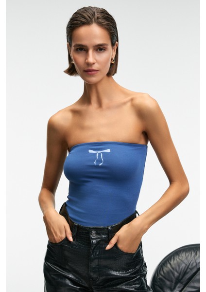 LUNESSA Kadın Vücutta Sabit Duran Silikon Lastikli Straplez Lacivert Bluz