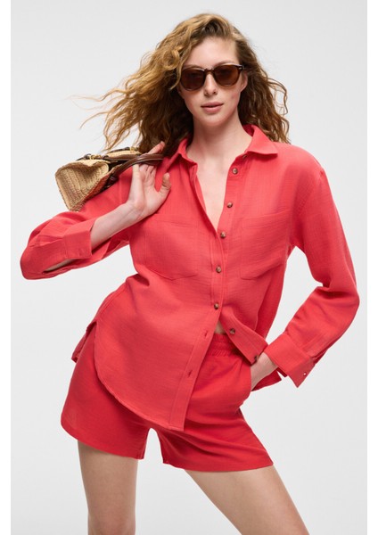 Rea Kadın %100 Pamuk Müslin Kumaş Rahat Kesim Düğmeli Regular Fit Nar Çiçeği Gömlek