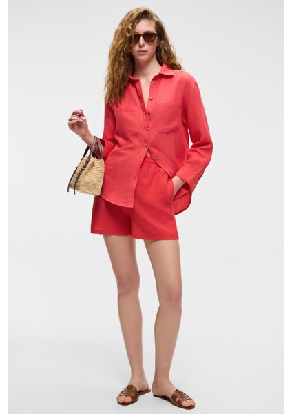 Rea Kadın %100 Pamuk Müslin Kumaş Rahat Kesim Düğmeli Regular Fit Nar Çiçeği Gömlek fiyatları