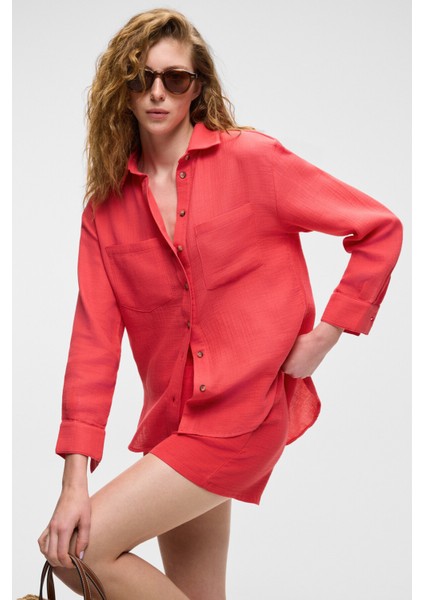 Rea Kadın %100 Pamuk Müslin Kumaş Rahat Kesim Düğmeli Regular Fit Nar Çiçeği Gömlek modelleri