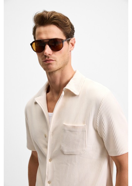 ERMANO Erkek Regular Fit Kısa Kollu Gömlek Yaka Düğmeli Krem Gömlek