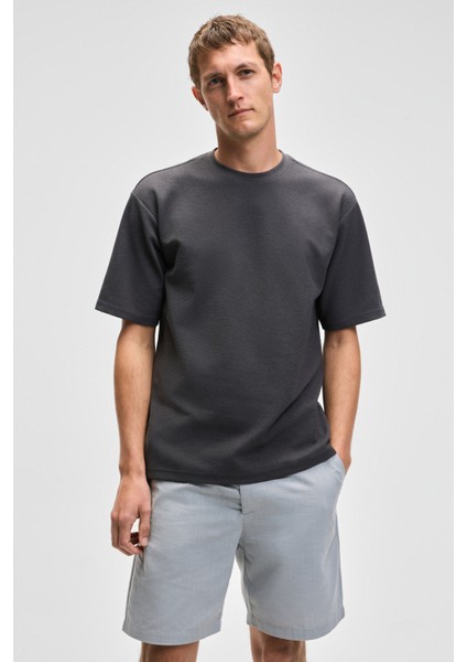 CHIC Erkek Relaxed Fit Dokulu Pamuk Kumaş Antrasit T-Shirt