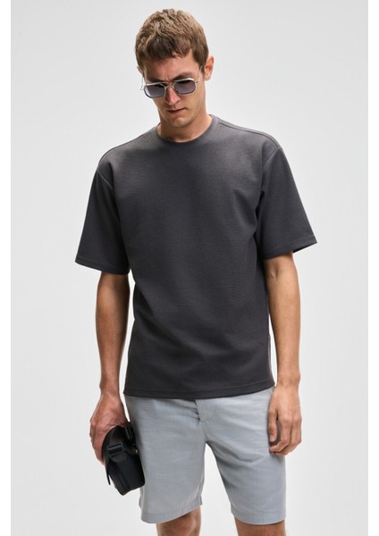 CHIC Erkek Relaxed Fit Dokulu Pamuk Kumaş Antrasit T-Shirt modelleri