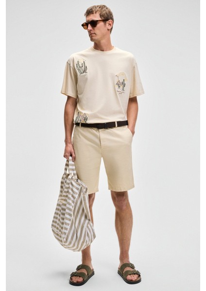 TEEMO Erkek Yanları Cepli Fermuarlı Likralı Slim Fit Açık Bej Şort