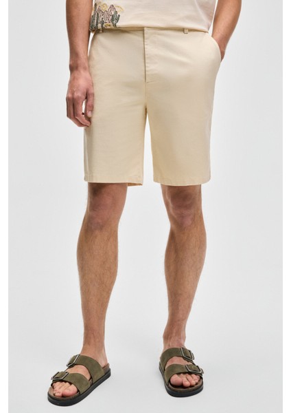 TEEMO Erkek Yanları Cepli Fermuarlı Likralı Slim Fit Açık Bej Şort fiyatları