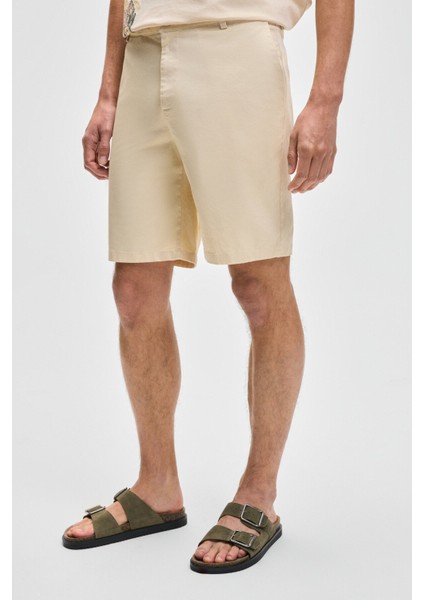 TEEMO Erkek Yanları Cepli Fermuarlı Likralı Slim Fit Açık Bej Şort modelleri
