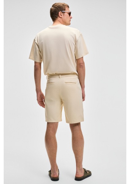 TEEMO Erkek Yanları Cepli Fermuarlı Likralı Slim Fit Açık Bej Şort