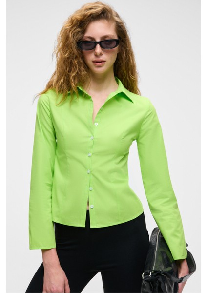 GRINNE Kadın Slim Gömlek Yaka Uzun Kollu İnce Uzun Fıstık Yeşili Gömlek
