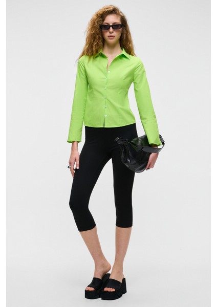 GRINNE Kadın Slim Gömlek Yaka Uzun Kollu İnce Uzun Fıstık Yeşili Gömlek fiyatları