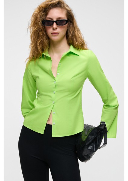 GRINNE Kadın Slim Gömlek Yaka Uzun Kollu İnce Uzun Fıstık Yeşili Gömlek modelleri