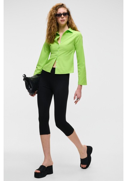 GRINNE Kadın Slim Gömlek Yaka Uzun Kollu İnce Uzun Fıstık Yeşili Gömlek fırsatları