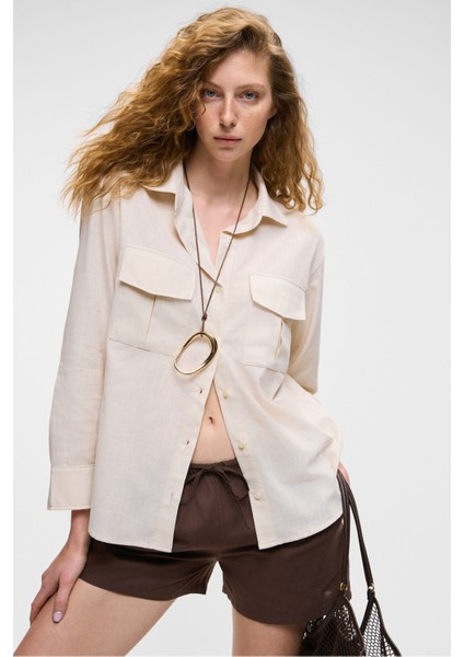 RIGO Kadın Gömlek Yaka Uzun Kol Regular Uzun İnce Krem Gömlek modelleri