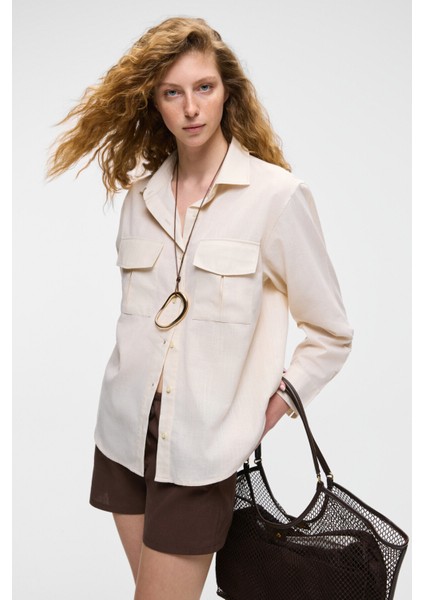 RIGO Kadın Gömlek Yaka Uzun Kol Regular Uzun İnce Krem Gömlek indirimleri