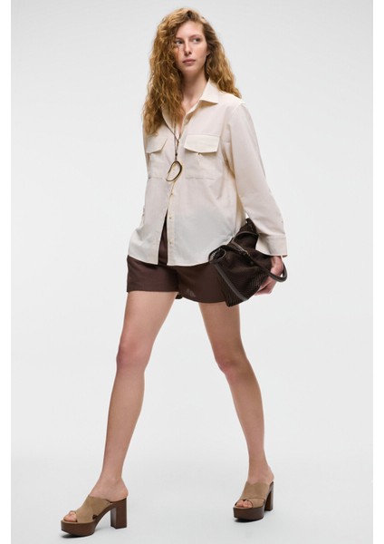 RIGO Kadın Gömlek Yaka Uzun Kol Regular Uzun İnce Krem Gömlek