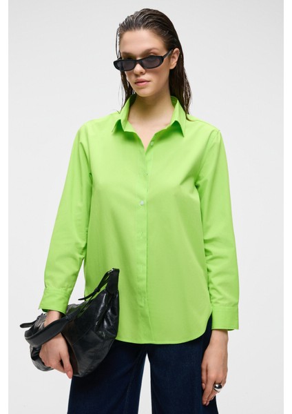 DELFINO Kadın Oversize %100 Organik Pamuk Uzun Kollu İnce Uzun Fıstık Yeşili Gömlek