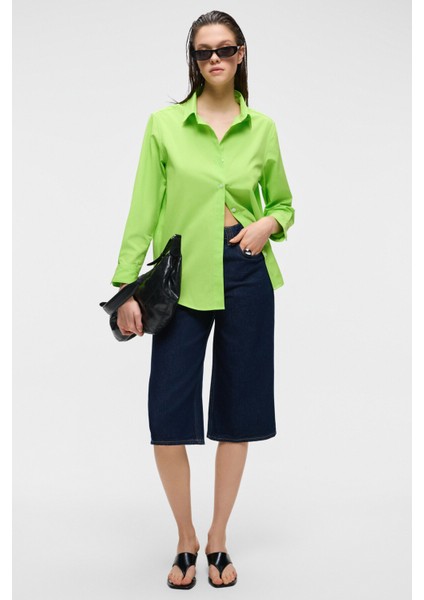 DELFINO Kadın Oversize %100 Organik Pamuk Uzun Kollu İnce Uzun Fıstık Yeşili Gömlek fiyatları