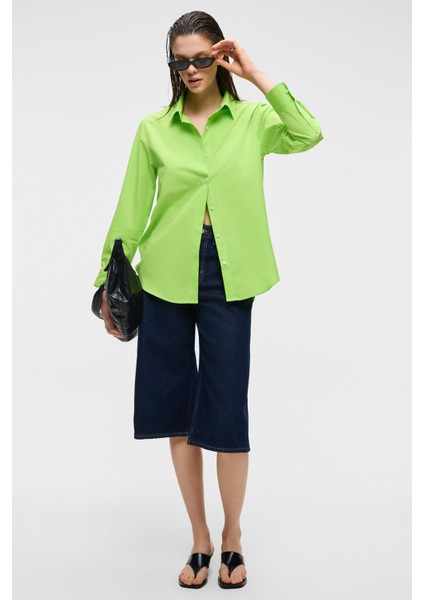 DELFINO Kadın Oversize %100 Organik Pamuk Uzun Kollu İnce Uzun Fıstık Yeşili Gömlek fırsatları