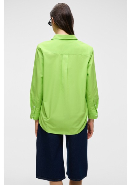 DELFINO Kadın Oversize %100 Organik Pamuk Uzun Kollu İnce Uzun Fıstık Yeşili Gömlek indirimleri