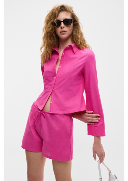QUINETA Kadın %100 Pamuk Keten Görünümlü Rahat Regular Fit Fuşya Şort fırsatları