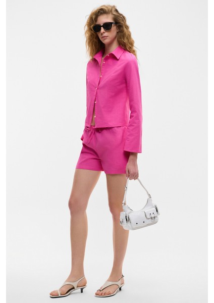 QUINETA Kadın %100 Pamuk Keten Görünümlü Rahat Regular Fit Fuşya Şort indirimleri