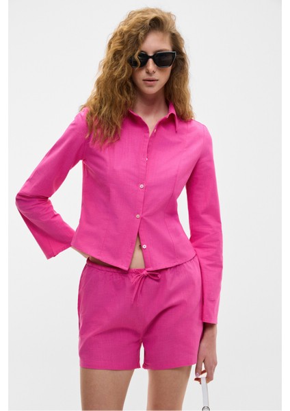 QUINETA Kadın %100 Pamuk Keten Görünümlü Rahat Regular Fit Fuşya Şort