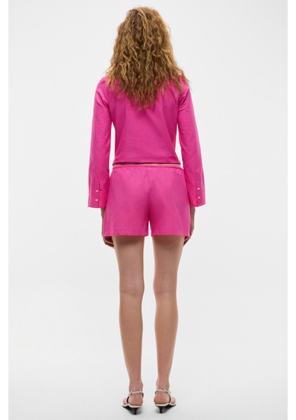 QUINETA Kadın %100 Pamuk Keten Görünümlü Rahat Regular Fit Fuşya Şort
