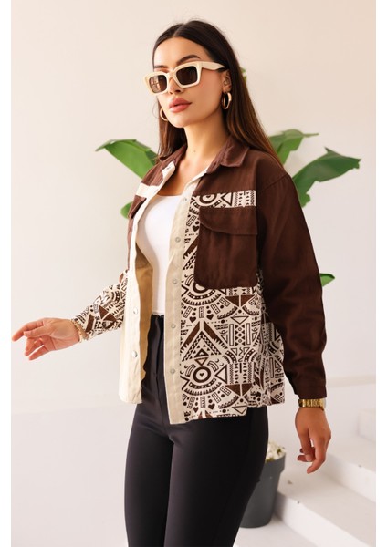 Kadın Oversize Fit Etnik Desenli Uzun Kollu %100 Pamuk Gömlek,ceket , Cepli Şık Oduncu Gömlek fiyatları