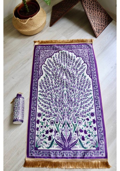 Çini Desenli Ipek Dokulu Keseli Seccade S1027 Mor Renk