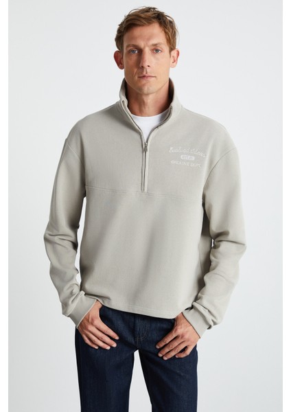 Andrıck Erkek Organik Pamuklu Dik Yaka Yarım Fermuarlı Bej Sweatshirt