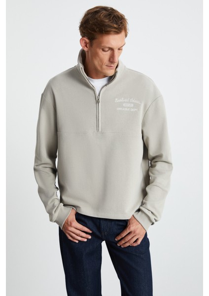 Andrıck Erkek Organik Pamuklu Dik Yaka Yarım Fermuarlı Bej Sweatshirt modelleri
