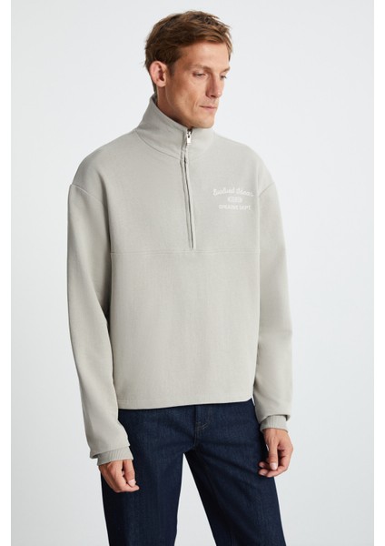 Andrıck Erkek Organik Pamuklu Dik Yaka Yarım Fermuarlı Bej Sweatshirt fırsatları