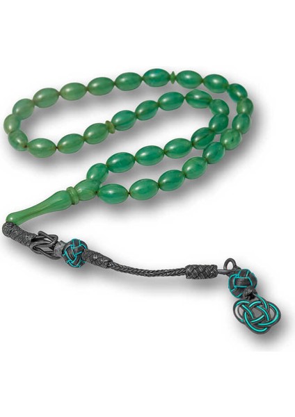 Gümüş Kazaz Püsküllü Yeşil Sıkma Kehribar Tesbih