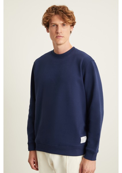 NATAS Erkek Regular Fit 3 İplik Şardonlu Yuvarlak Yakalı Etiket Detaylı Lacivert Sweatshirt