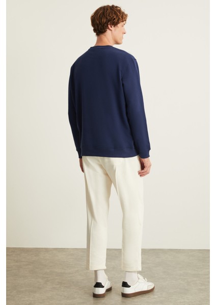 NATAS Erkek Regular Fit 3 İplik Şardonlu Yuvarlak Yakalı Etiket Detaylı Lacivert Sweatshirt