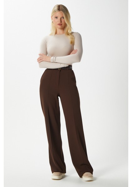 Likra Serisi Lift Süs Dikişli Esnek Açık Kahverengi Palazzo Pantolon