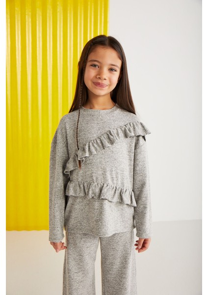 PAREL-GRM24018 %34 polyester %28viscon %33pamuk %5elastne kız çocuk uzun kollu bluz Gri Bluz