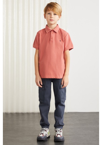 Loıs-grm24001 100% Pamuk Nakışlı Kısa Kollu Polo Yaka Tshirt Kiremit Rengi Polo Yaka T-shirt