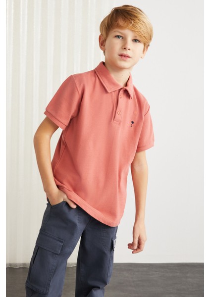 Loıs-grm24001 100% Pamuk Nakışlı Kısa Kollu Polo Yaka Tshirt Kiremit Rengi Polo Yaka T-shirt fiyatları