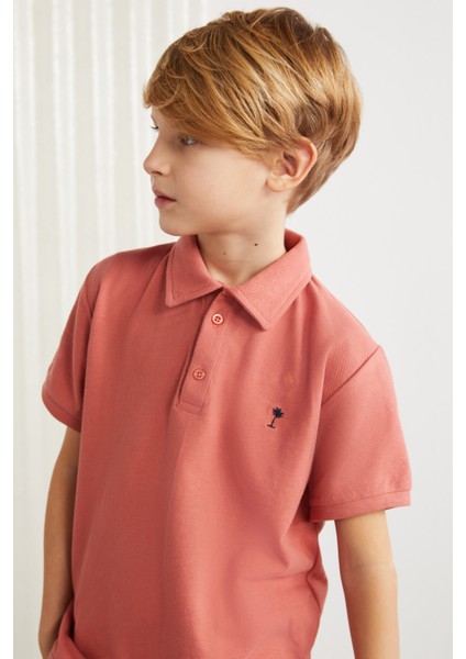 Loıs-grm24001 100% Pamuk Nakışlı Kısa Kollu Polo Yaka Tshirt Kiremit Rengi Polo Yaka T-shirt fırsatları