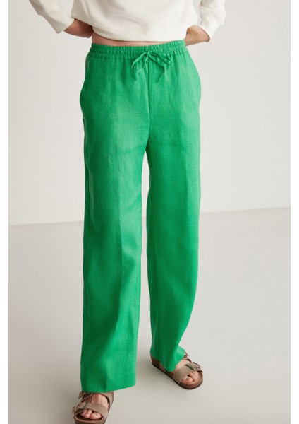 Sadıe Kadın %100 Keten Relaxed Kalıp Beli Lastikli Yeşil Pantolon