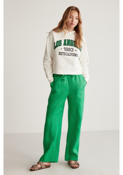 Sadıe Kadın %100 Keten Relaxed Kalıp Beli Lastikli Yeşil Pantolon