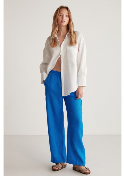 Sadie Kadın %100 Keten Relaxed Kalıp Beli Lastikli Mavi Pantolon