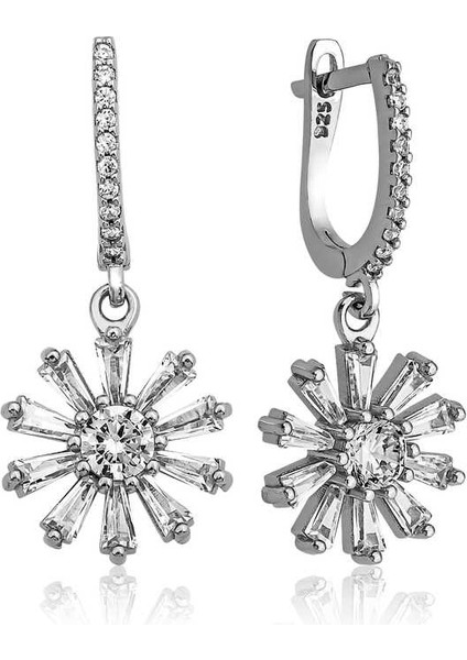 Gümüş Trapez Taşlı Çiçek Küpe (BC-7585F8)