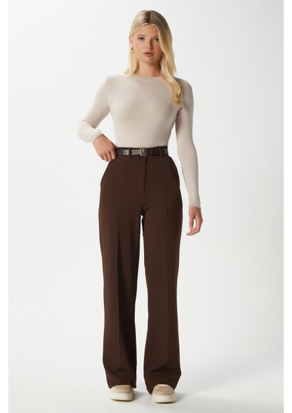 Likra Serisi Lift Süs Dikişli Esnek Açık Kahverengi Palazzo Pantolon fiyatları