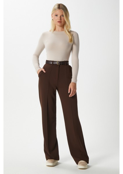 Likra Serisi Lift Süs Dikişli Esnek Açık Kahverengi Palazzo Pantolon indirimleri